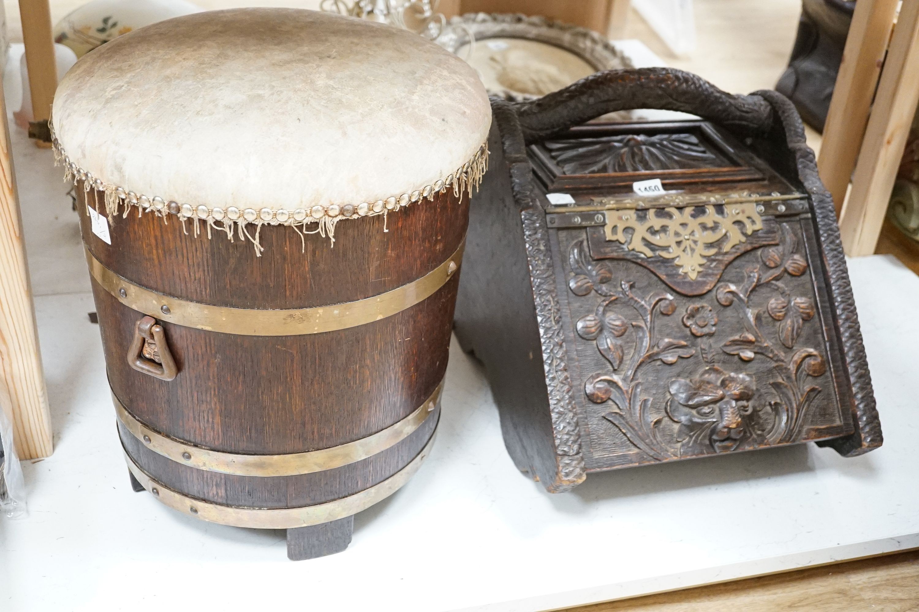 A carved oak purdonium and a circular wooden log box, overall height 42cm